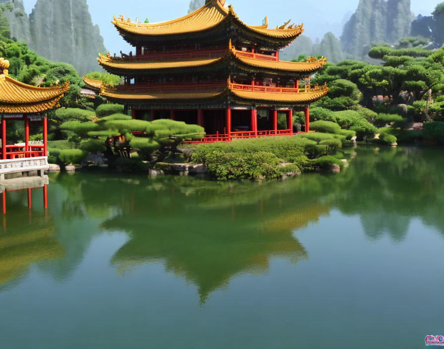 Traditional Chinese architecture with red railings by serene water, lush greenery, and karst mountains.