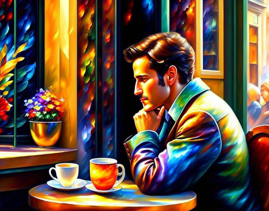 Colorful painting of man by window with coffee cup, vibrant lighting