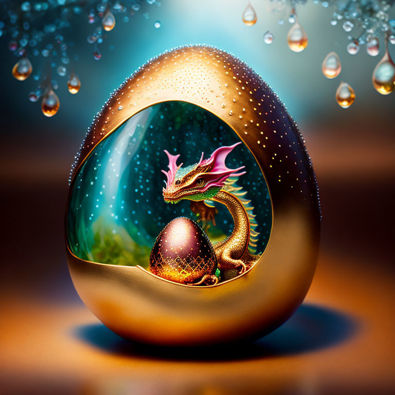 Golden dragon protecting egg in teardrop shell on magical background