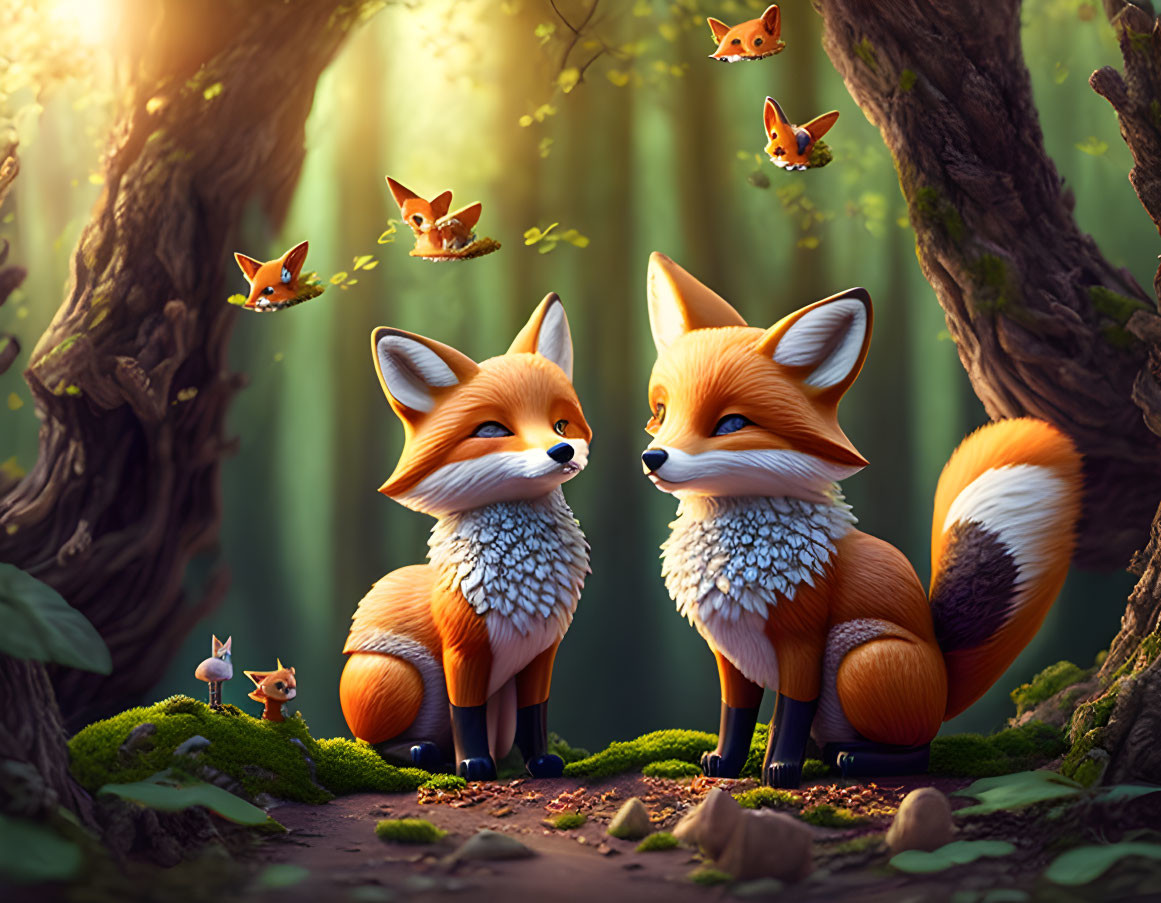 Stylized foxes conversing in forest with smaller animals and butterflies