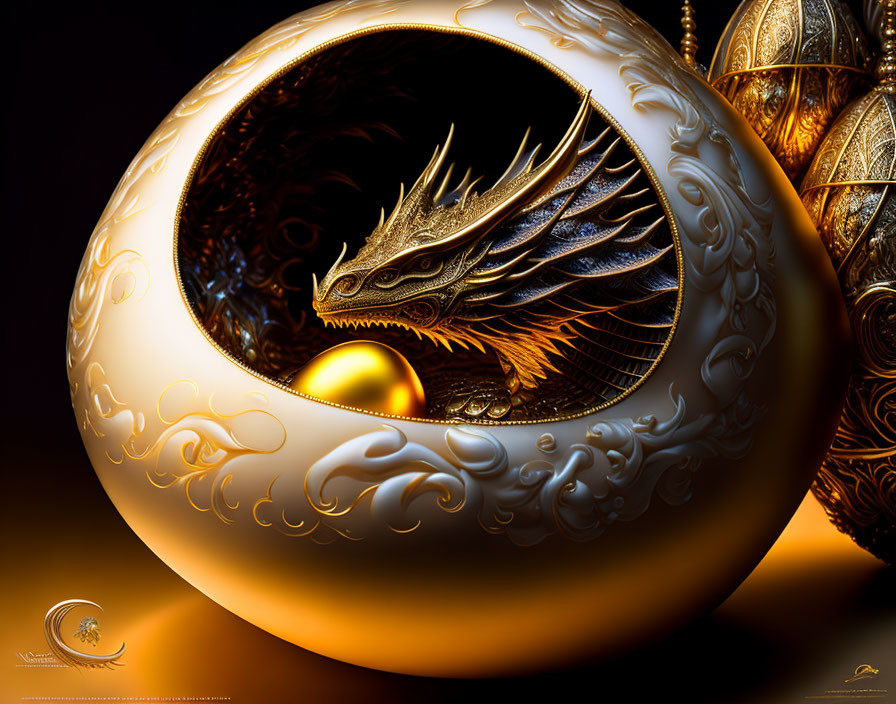 Golden dragon inside ornate sphere emitting warm light