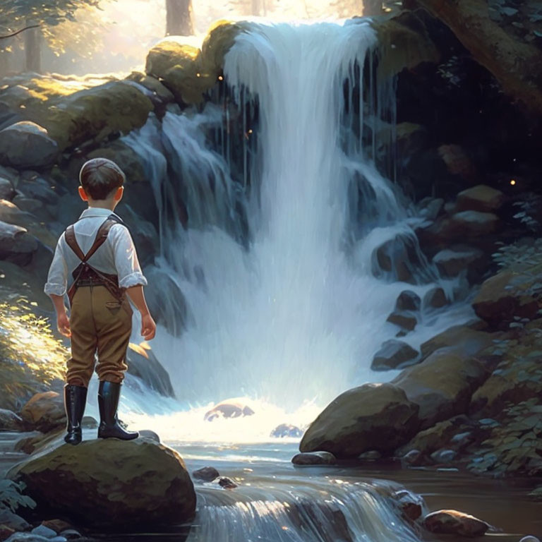 Child admires waterfall in lush forest setting