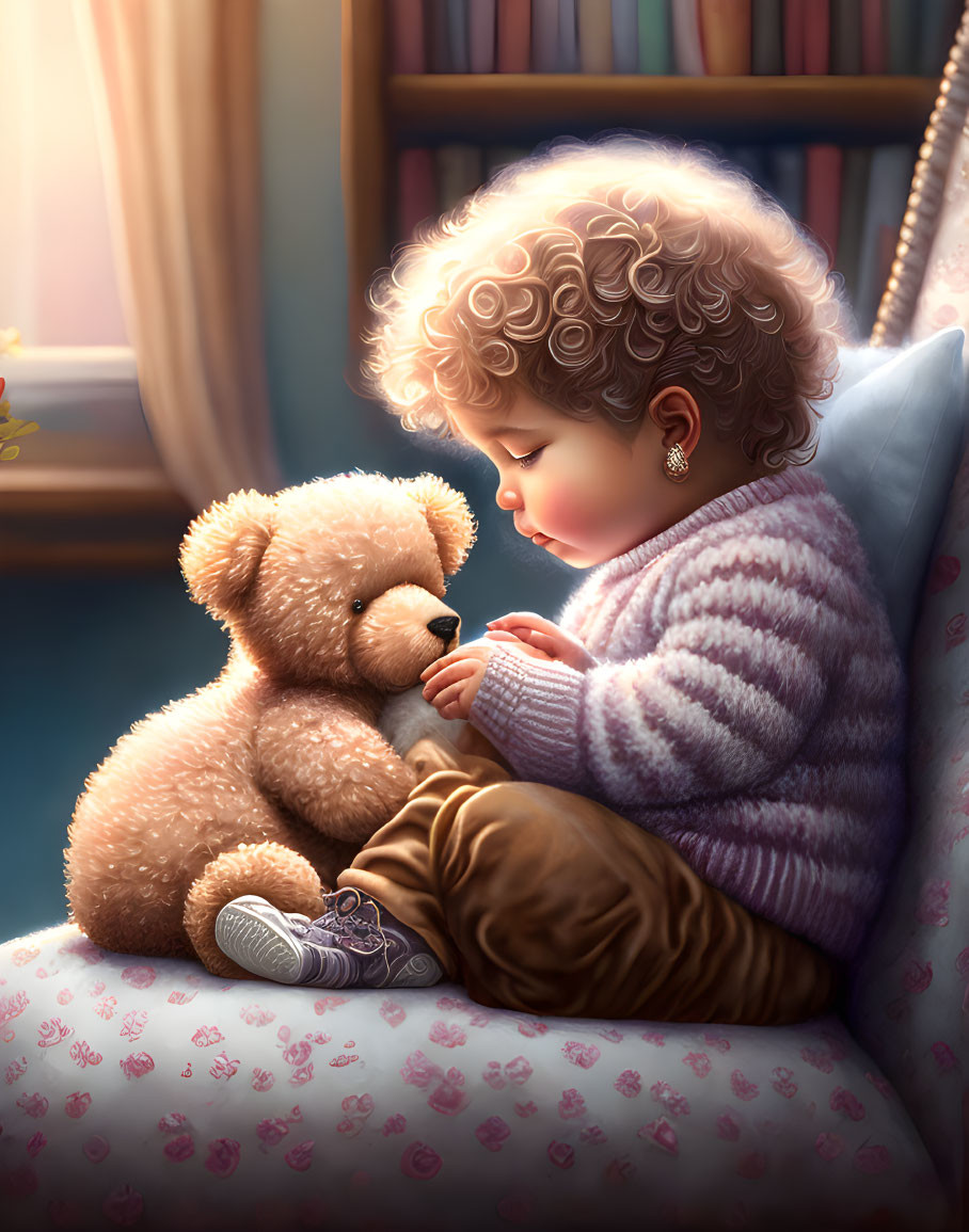 Curly-Haired Child Hugs Teddy Bear on Floral Cushion by Window