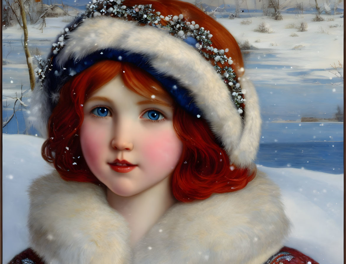 Vibrant red-haired girl in white furry hat on snowy landscape