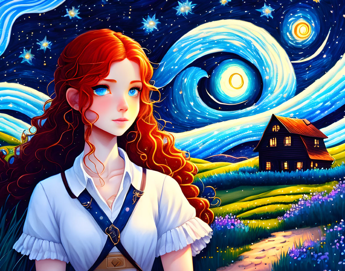 Red-haired animated woman in blue overalls under starry night sky