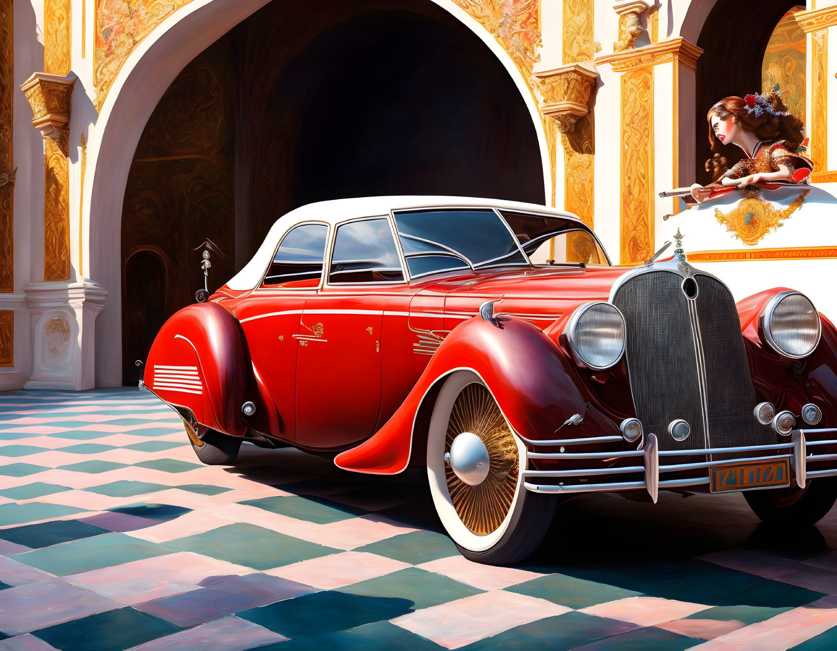 Vintage Red Car Parked Under Ornate Archway with Woman Reclining