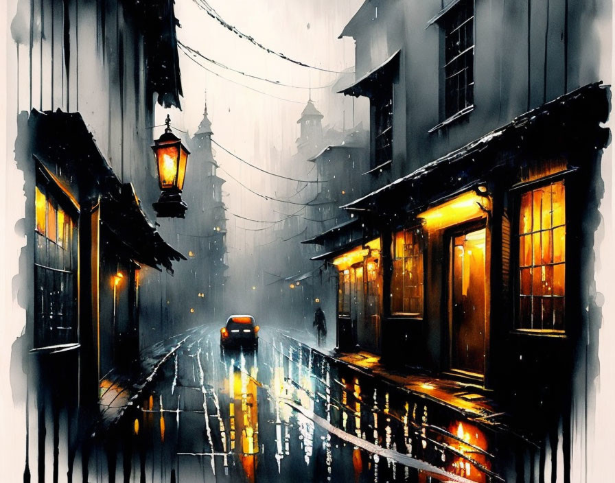 Rainy city street painting with car and lantern-lit buildings.