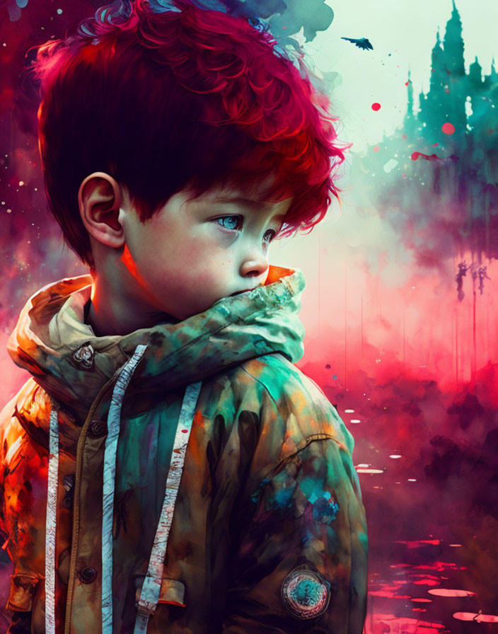 Young boy with red hair in colorful fantasy landscape