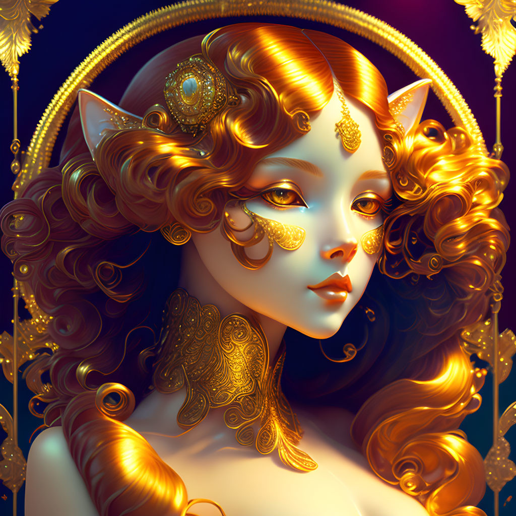 Illustrated Female Figure with Cat Ears and Gold Jewelry on Dark Blue Background