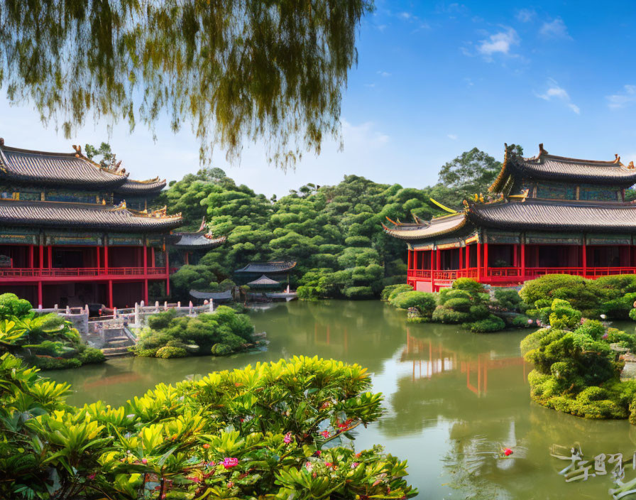 Serene pond and red columns in traditional Chinese architecture