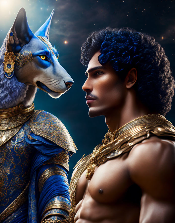 Muscular man and blue fantasy wolf in golden armor on starry backdrop