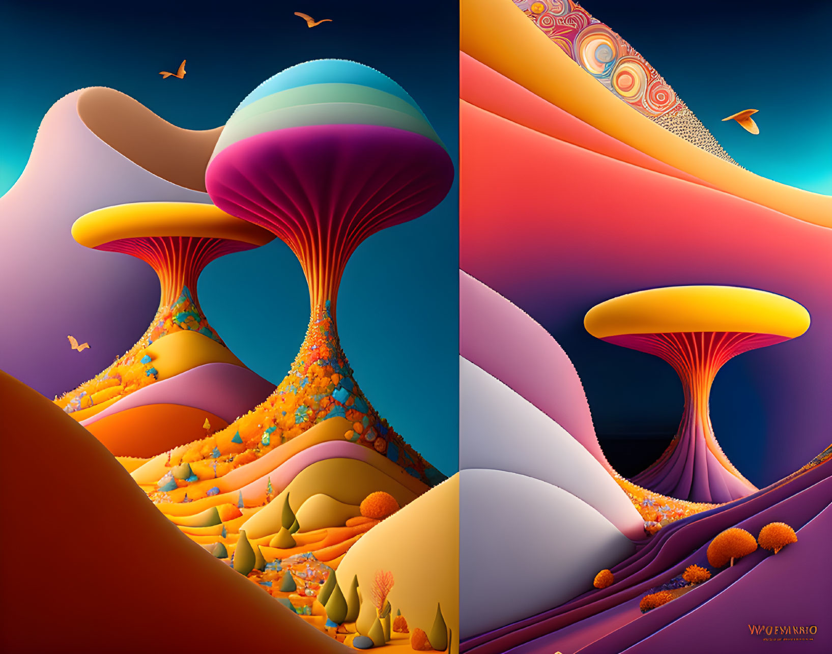 Colorful surreal landscape with balloon-like structures and birds in flight