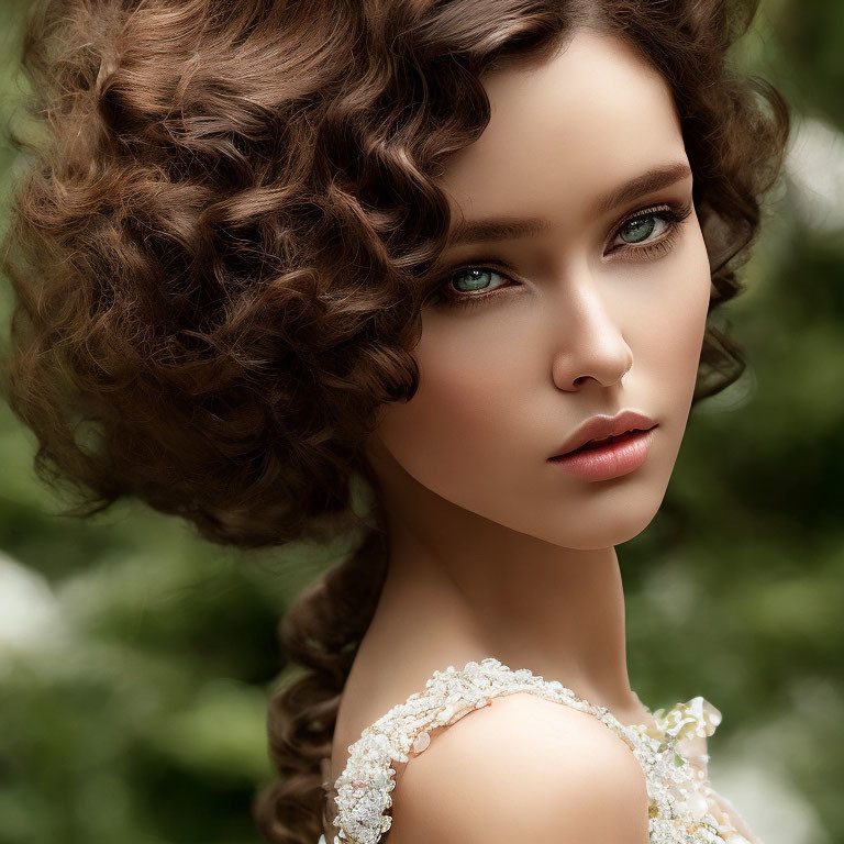 Curly-Haired Woman in Embroidered Dress with Green Eyes and Makeup