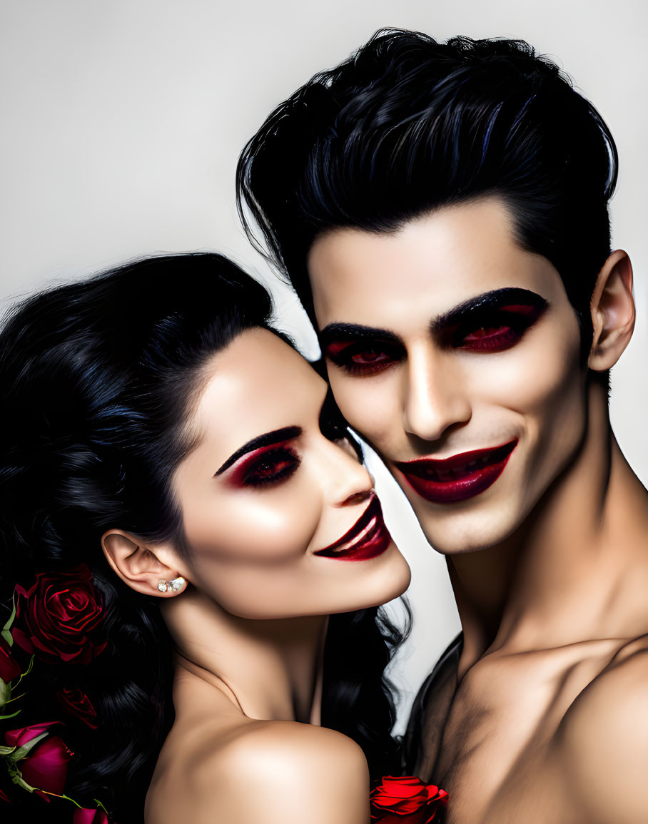 Stylized makeup with red lipstick and matching red eyeshadow, posing elegantly with roses