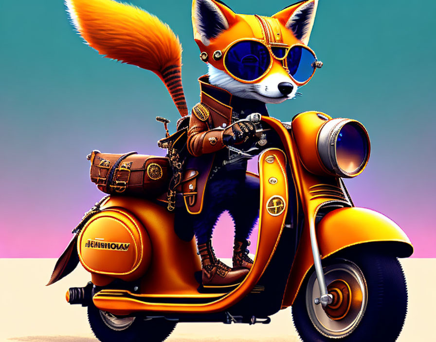 Anthropomorphic fox in pilot gear on orange scooter