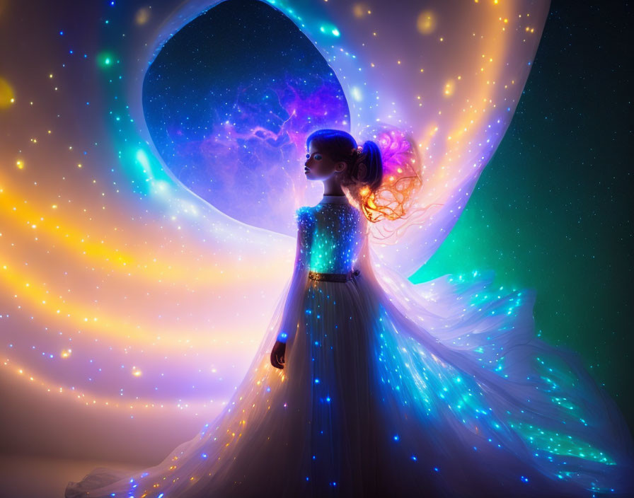 Woman in Sparkling Dress Gazes at Cosmic Backdrop