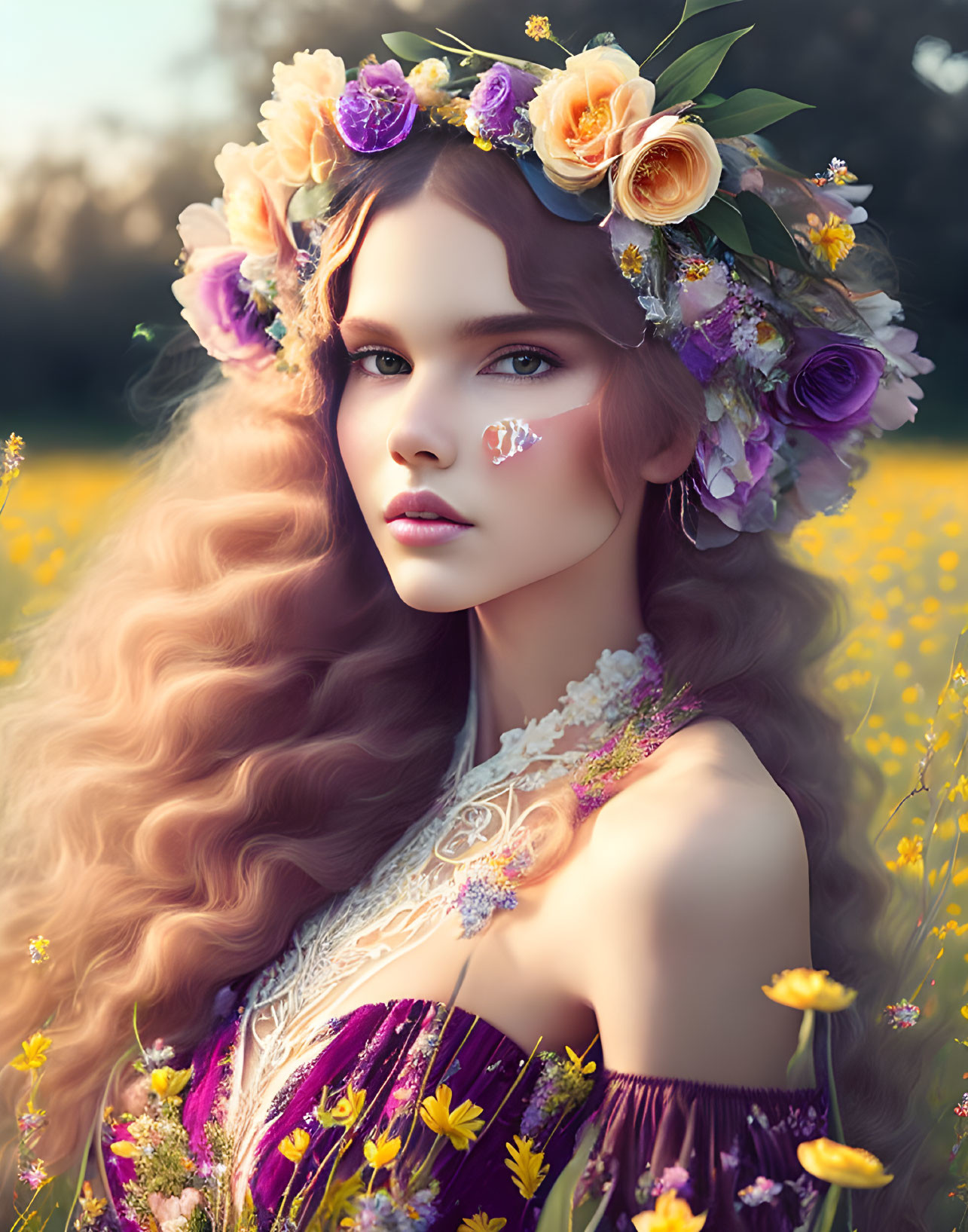 Woman with Long Wavy Hair and Floral Crown in Yellow Flower Field