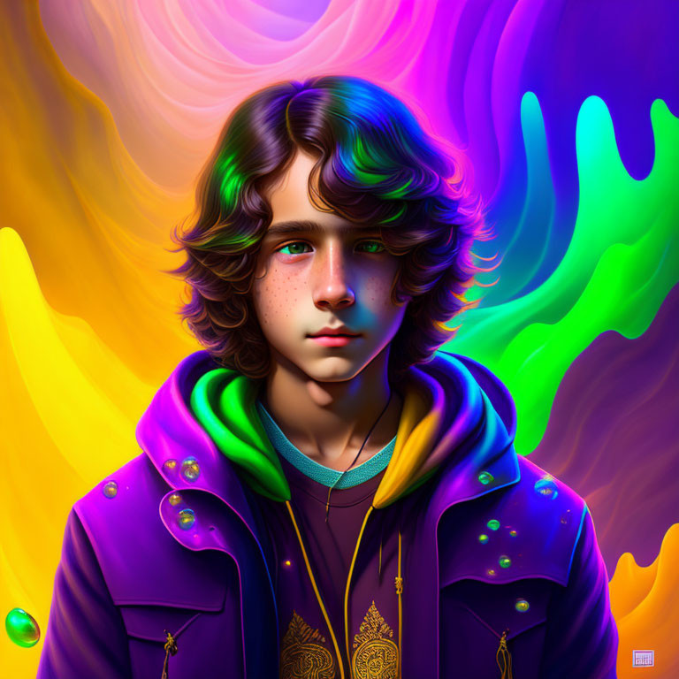 Vibrant digital portrait of young person with curly hair in purple jacket