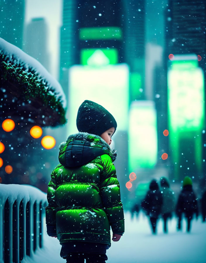 Child in Green Winter Coat Standing in Snow-Covered City