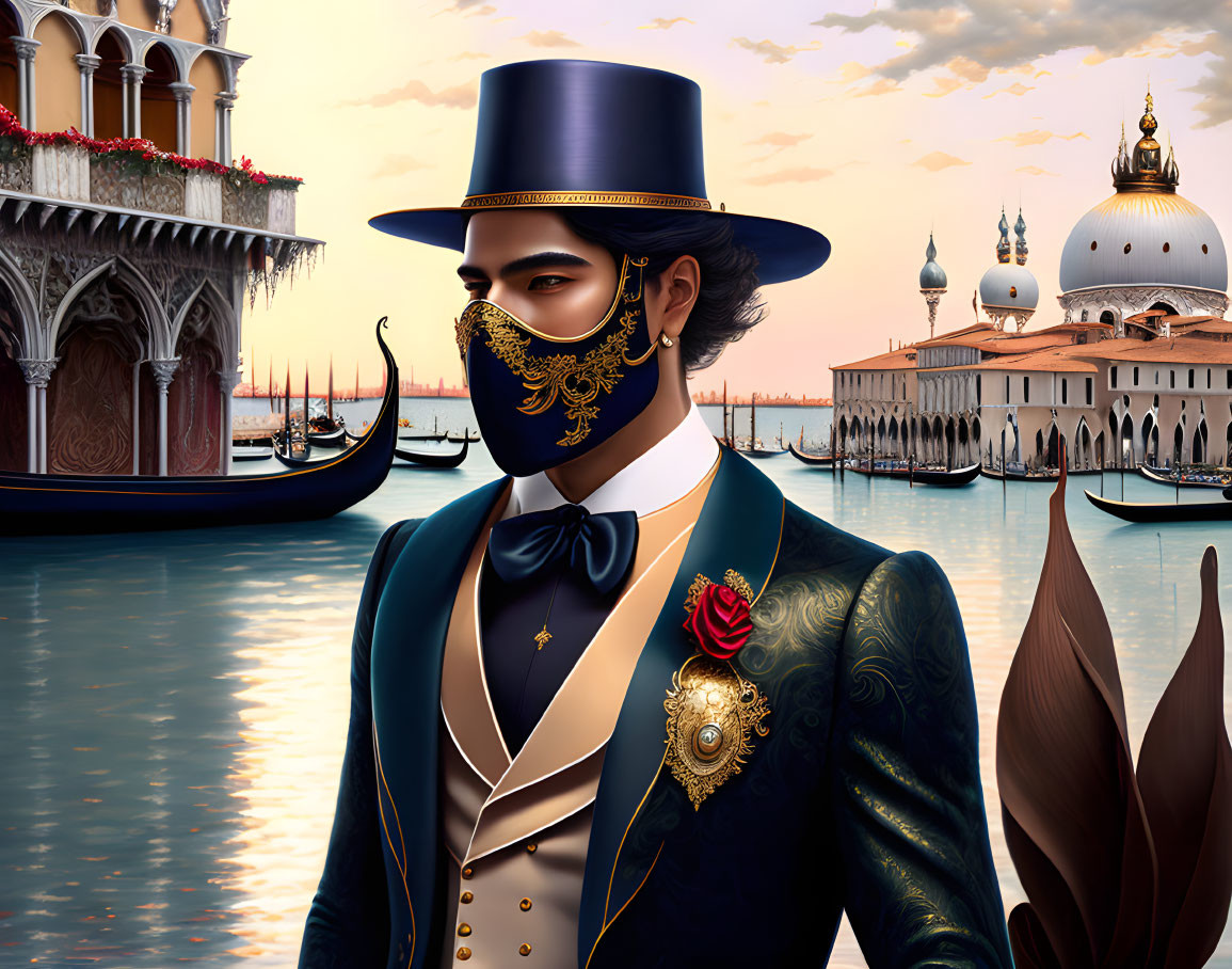 Vintage suit and golden mask man by Venetian canal