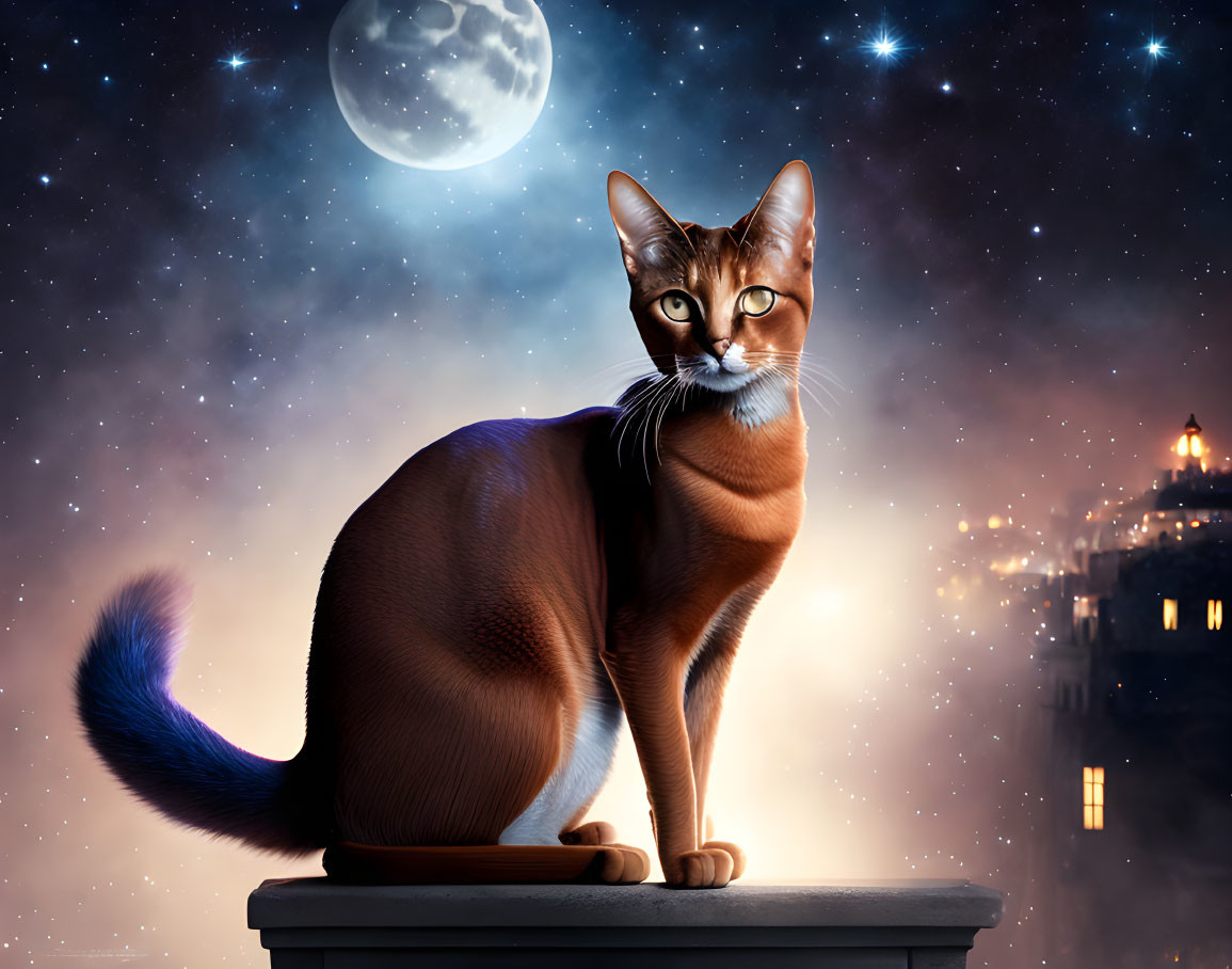 Brown Cat with Striking Eyes on Ledge Against Night Sky