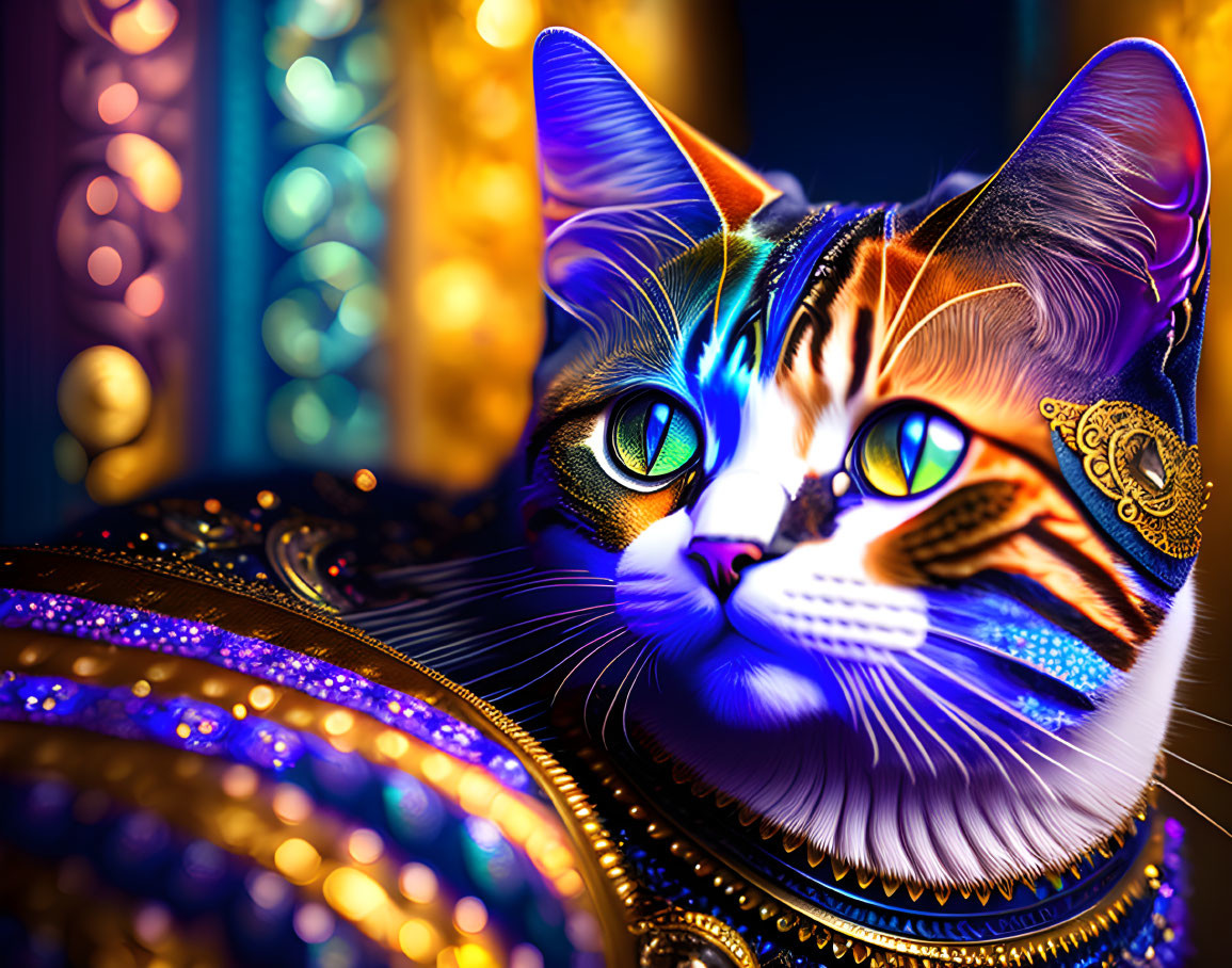 Vibrant digital cat artwork with intricate patterns and glowing eyes