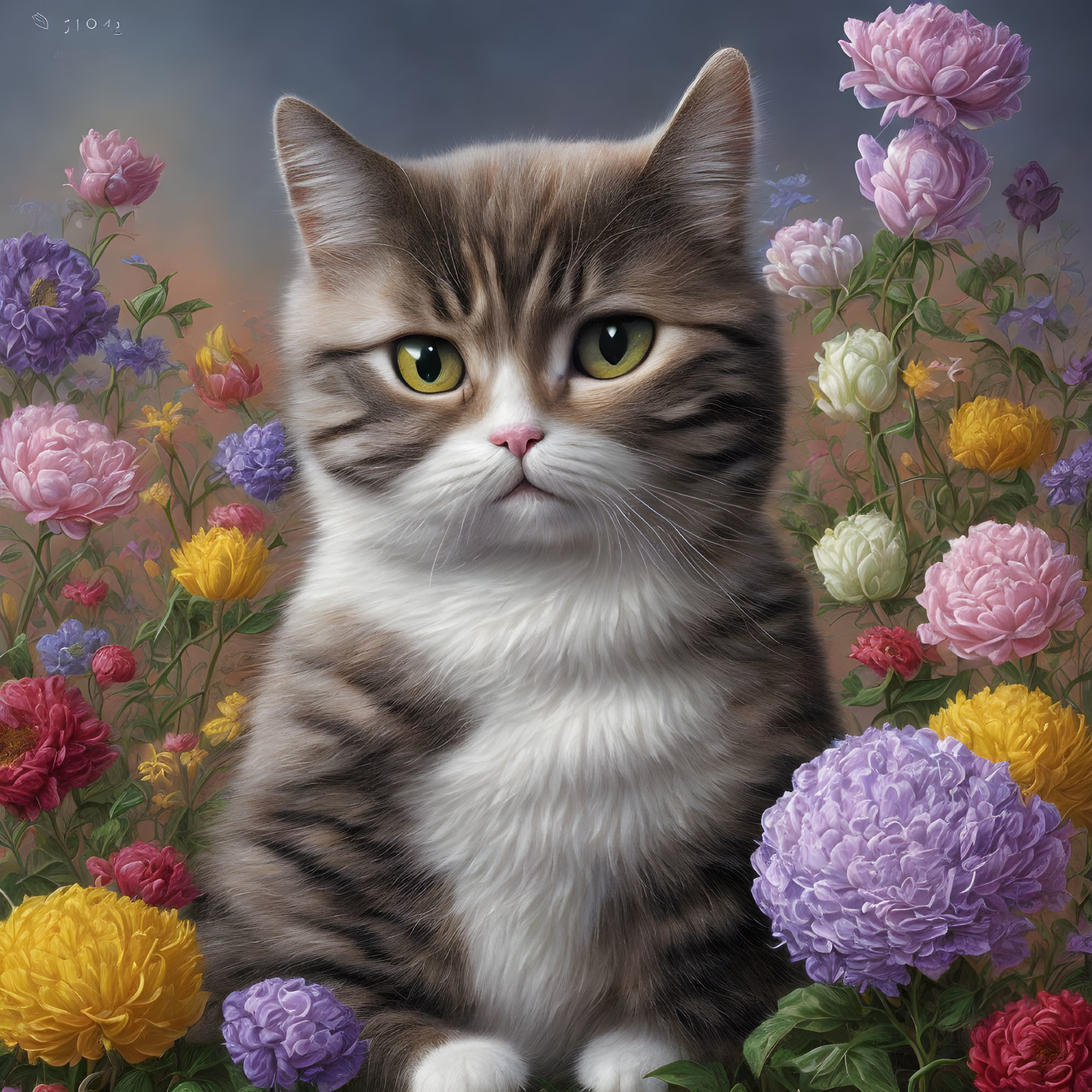 Tabby and White Cat Surrounded by Colorful Peonies