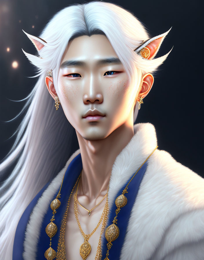 Fantasy character with white hair, pointed ears, golden eyes, jewelry, and fur cloak.