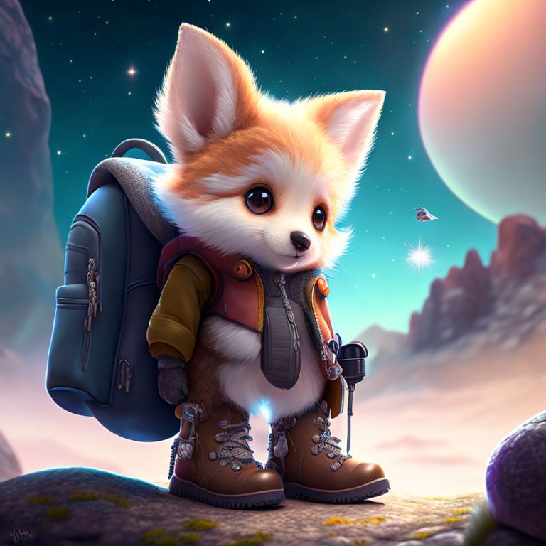 Anthropomorphic corgi with backpack and boots on rocky terrain with cosmic backdrop.