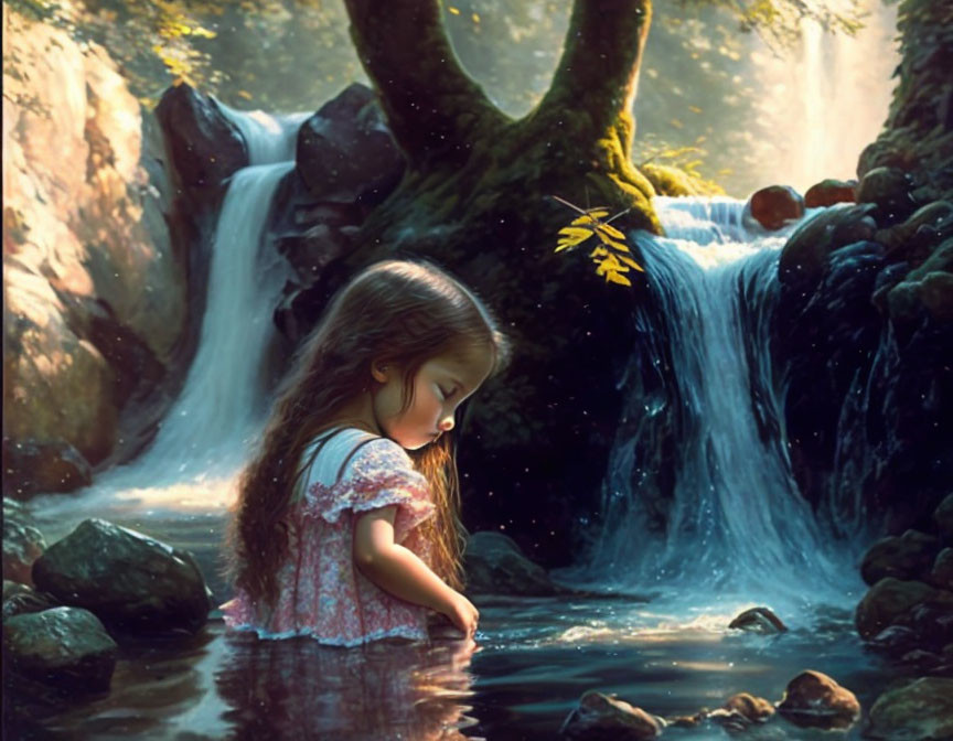 Young girl in patterned dress by forest waterfall with sunlight reflections