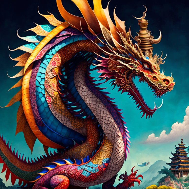 Detailed mythical dragon illustration with spiraling horns, intricate scales, and a traditional pagoda backdrop.