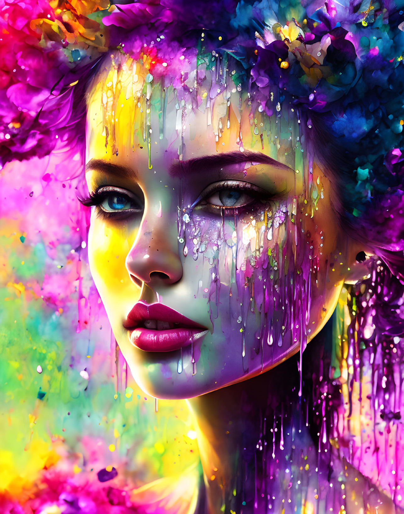 Colorful portrait of a woman with paint drips and floral hair, blending realism with surreal hues