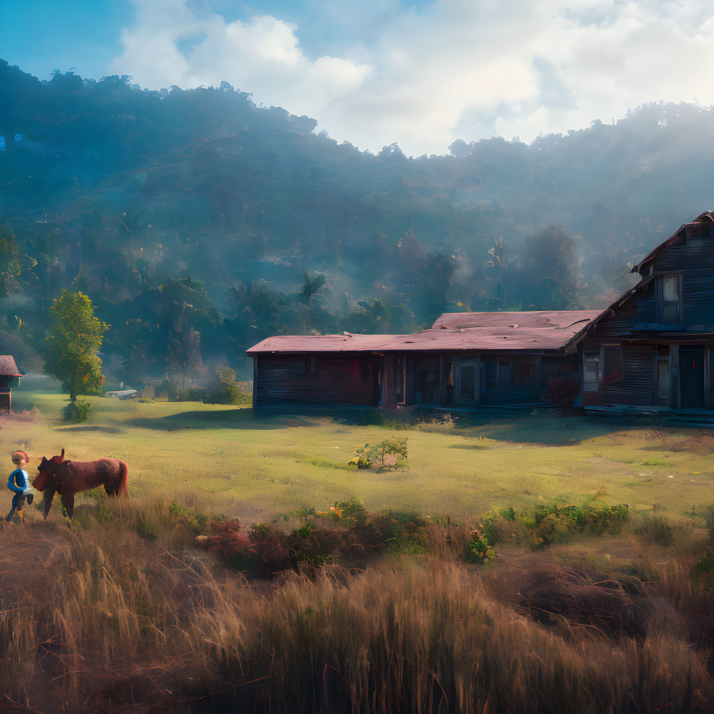 Child near red house, brown horse in peaceful countryside with green trees and light fog