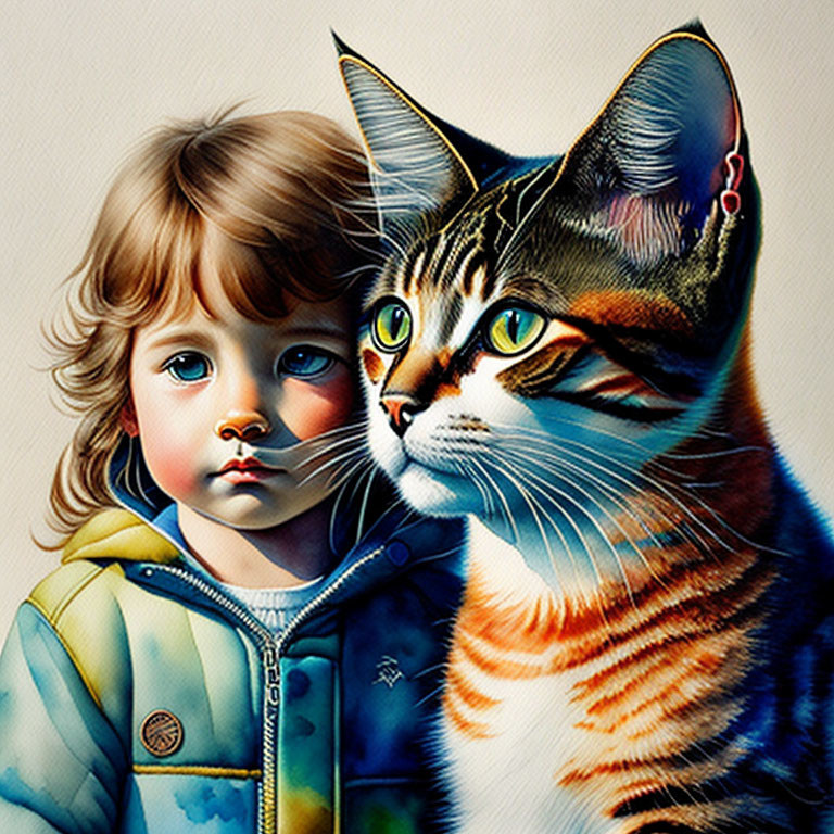 Young child and tabby cat in vibrant illustration