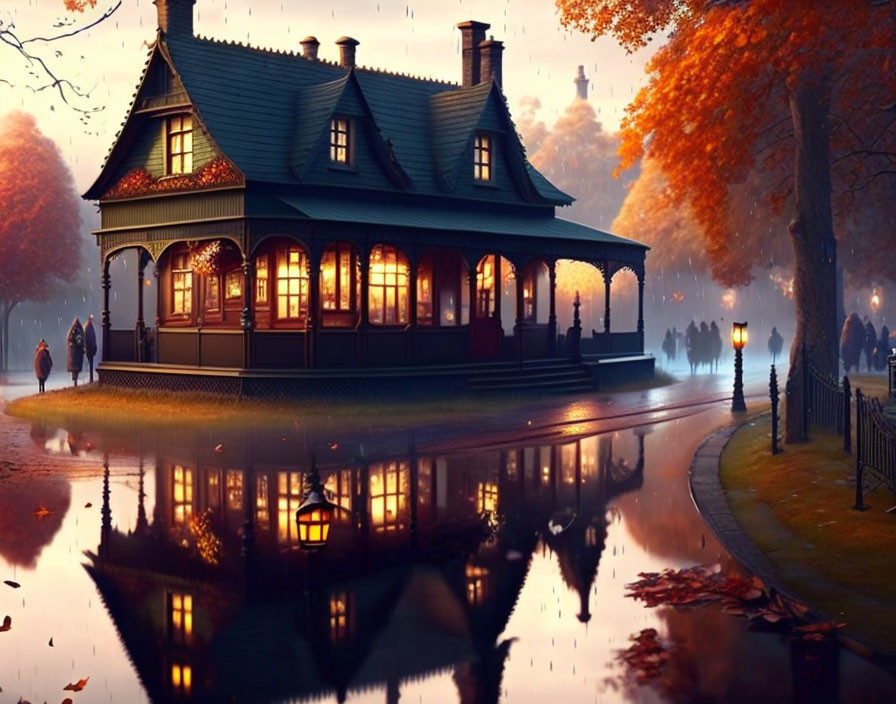 Autumn evening scene with illuminated house by water and people walking.