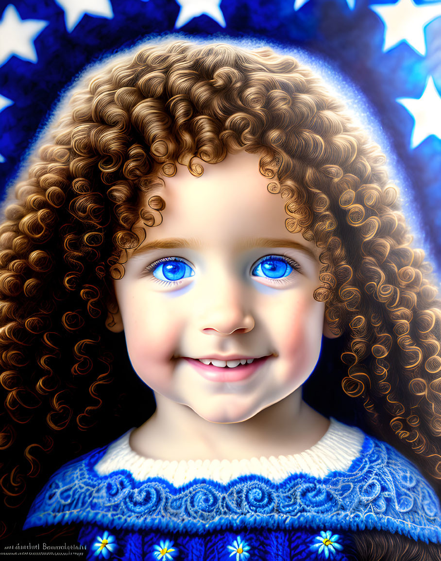 Young child with curly hair and blue eyes in blue sweater on star-patterned background