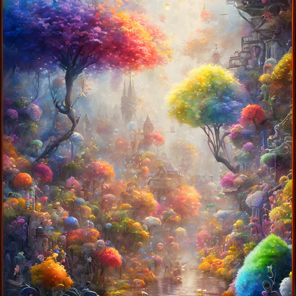 Multicolored trees, glowing pathway, whimsical architecture in mystical landscape