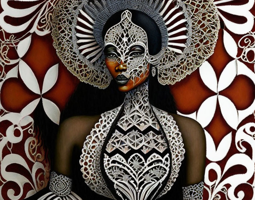 Detailed Black and White Patterned Artwork of Woman