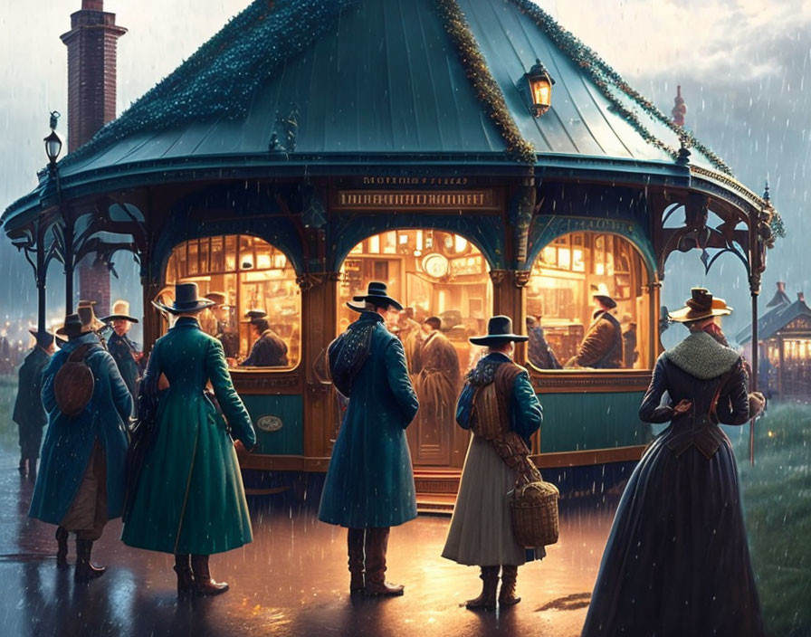 Victorian-era people in elegant attire at carousel-style structure on rainy evening