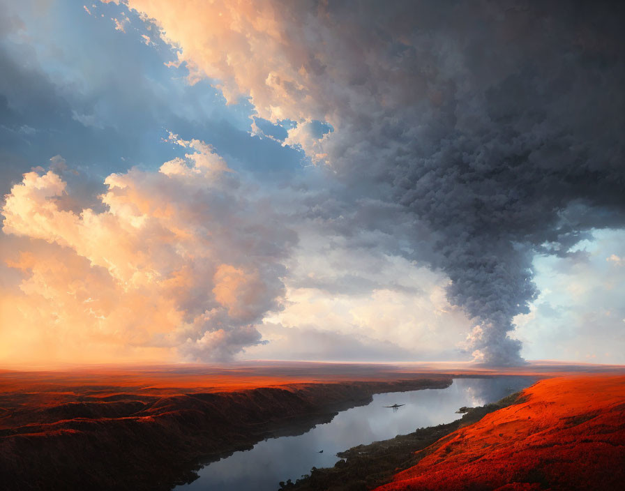 Fiery red terrain and meandering river under stormy sky