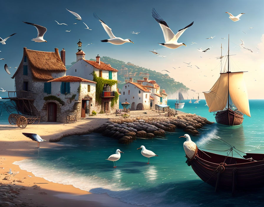 Tranquil coastal landscape with seagulls, beach, boats, and houses