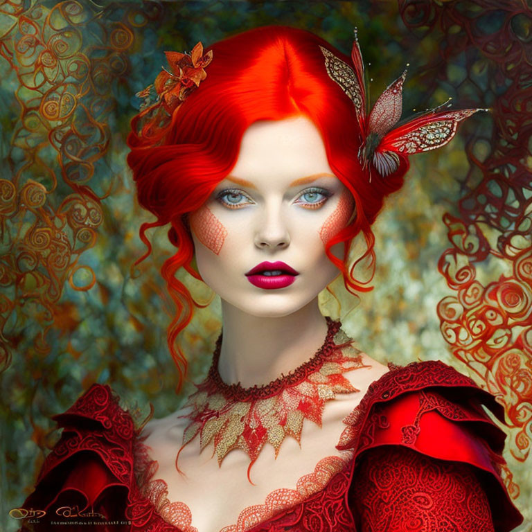 Vibrant surreal portrait of woman with red hair and butterfly motif