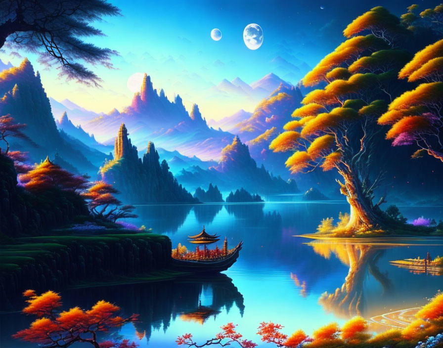 Fantasy landscape with glowing trees, lake, mountains, boat, and dual moons