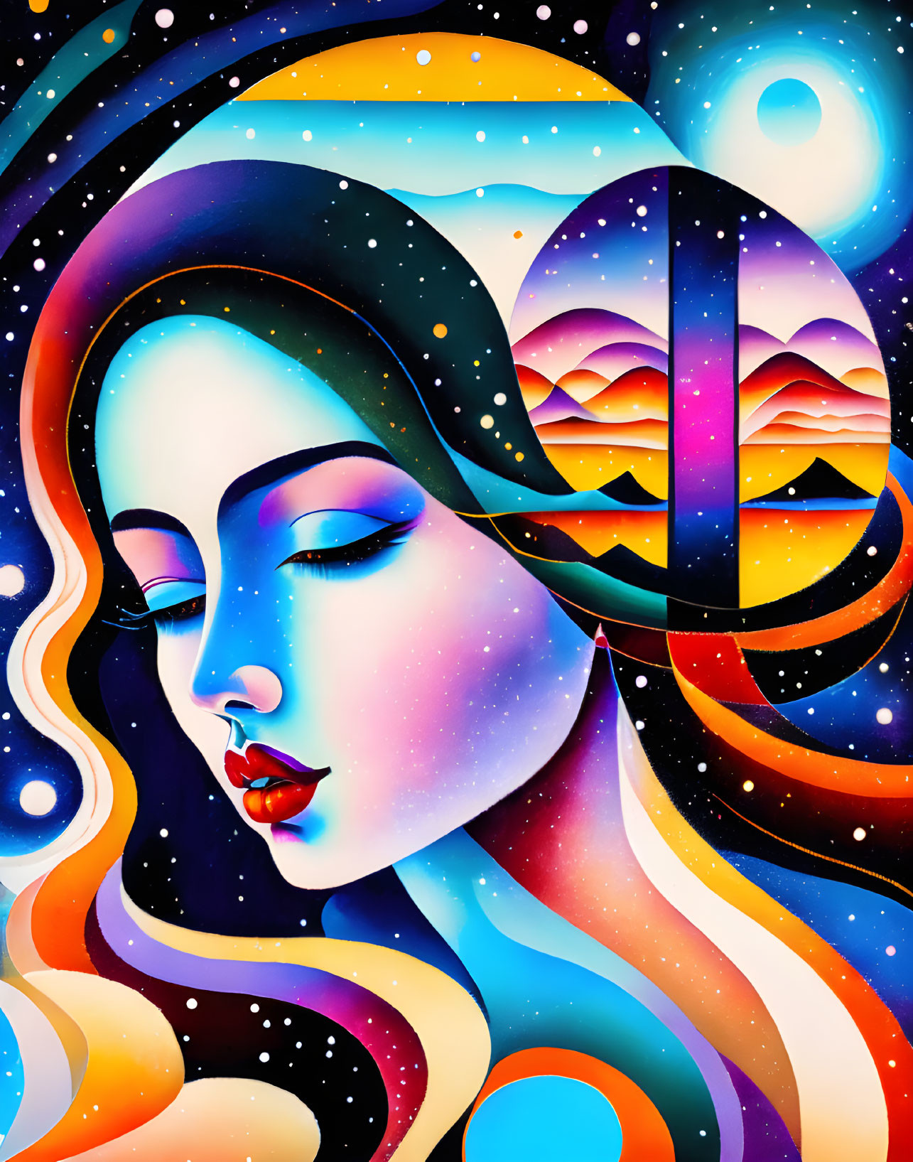 Colorful Woman's Face Blending with Cosmic and Terrestrial Landscapes