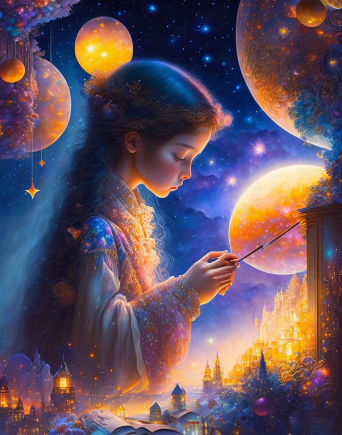 Fantastical painting of girl with wand and glowing orb in celestial setting