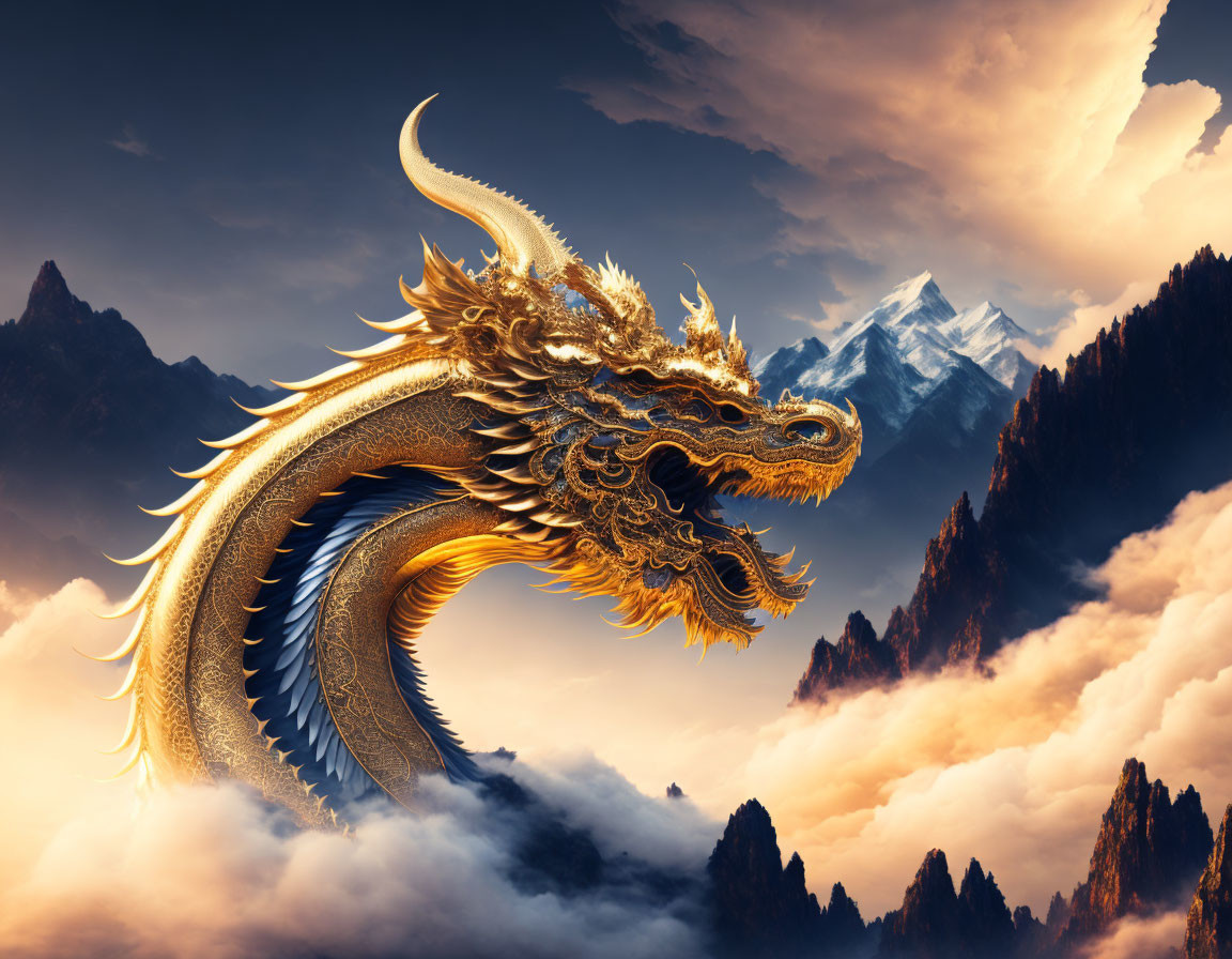 Intricate golden dragon flying over cloudy peaks and dramatic sky