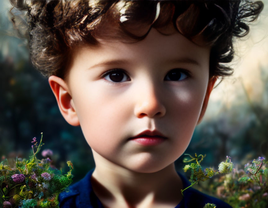 Young Child with Curly Hair in Dreamy Floral Setting