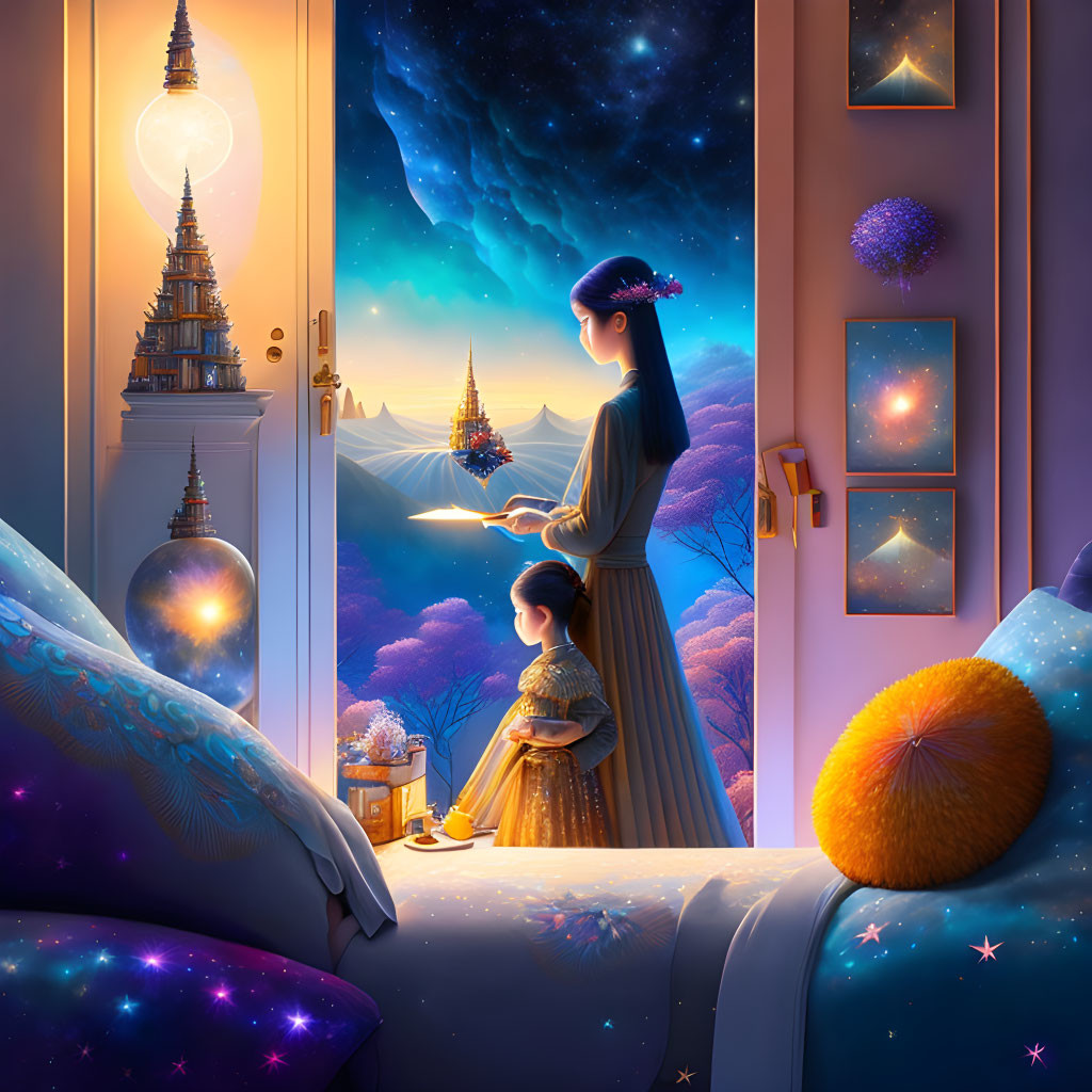 Illustration of woman and child in traditional attire admiring starry night sky from balcony.