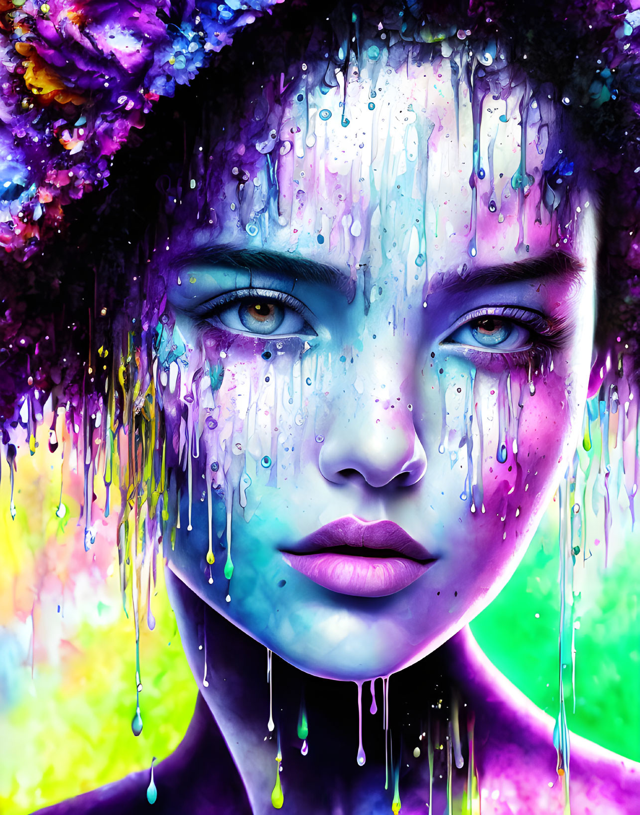 Colorful digital portrait of a woman with purple skin and floral details on neon background