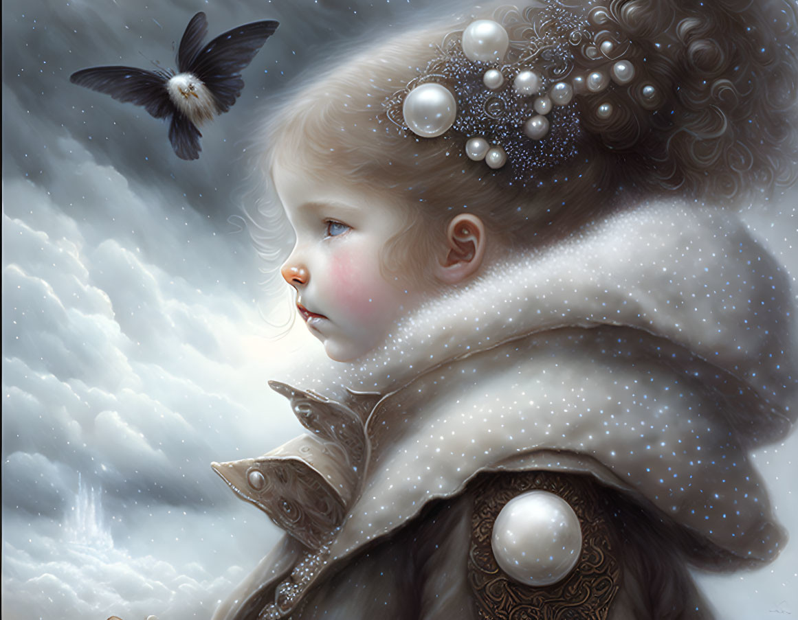 Young Child in Sparkling Fur Cloak with Pearls and Bird under Cloudy Sky